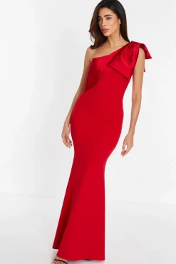 Quiz Red One Shoulder Bow Maxi Dress Discount