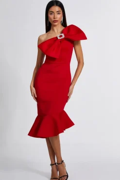 Quiz Red One Shoulder Bow Midi Dress Sale