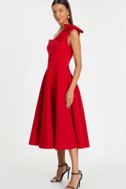 Quiz Red One Shoulder Bow Skater Midi Dress Discount