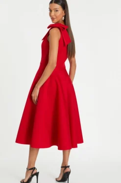 Quiz Red One Shoulder Bow Skater Midi Dress Discount