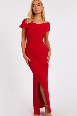 Quiz Pleated Bardot Maxi Dress Red Outlet