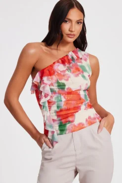 Quiz Red Printed Mesh Ruffle Top Best