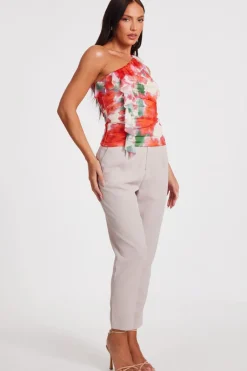 Quiz Red Printed Mesh Ruffle Top Best