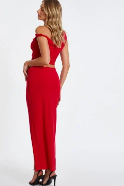 Quiz Red Ruched Split Maxi Skirt Sale
