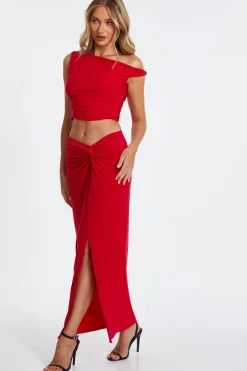Quiz Red Ruched Split Maxi Skirt Sale