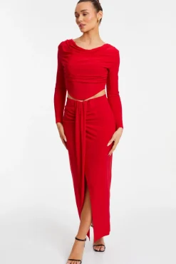 Quiz Ruched Split Maxi Skirt Red Outlet