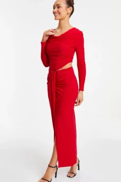 Quiz Ruched Split Maxi Skirt Red Outlet