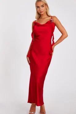 Quiz Satin Corsage Midaxi Dress Red Best