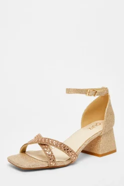Quiz Diamante Low Block Heels Rose Gold Outlet