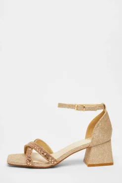 Quiz Diamante Low Block Heels Rose Gold Outlet