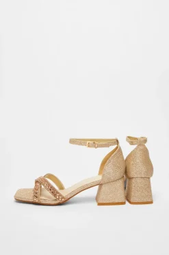 Quiz Diamante Low Block Heels Rose Gold Outlet