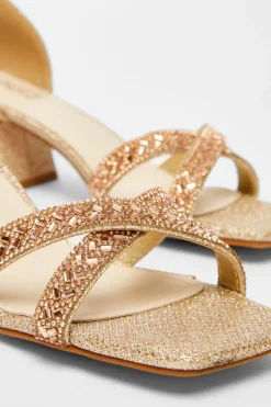 Quiz Diamante Low Block Heels Rose Gold Outlet