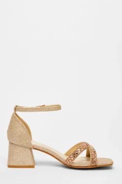 Quiz Diamante Low Block Heels Rose Gold Outlet