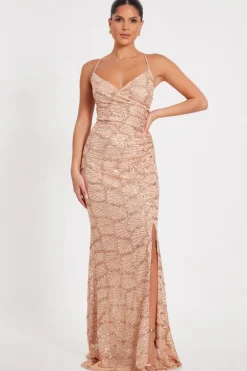 Quiz Rose Gold Sequin Fishtail Maxi Dress Outlet