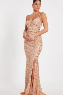 Quiz Rose Gold Sequin Fishtail Maxi Dress Outlet