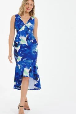 Quiz Royal Blue Floral Frill Midi Dress Clearance