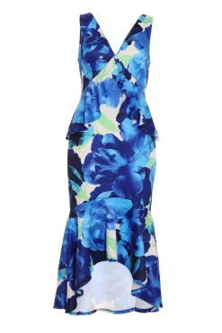 Quiz Royal Blue Floral Frill Midi Dress Clearance