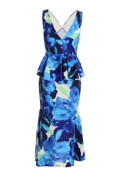 Quiz Royal Blue Floral Frill Midi Dress Clearance