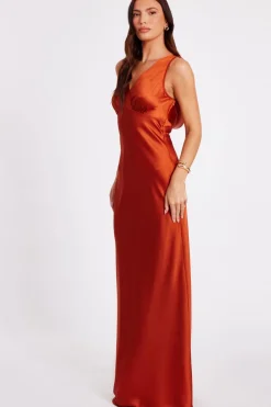 Quiz Satin Cowl Back Maxi Dress Rust Clearance