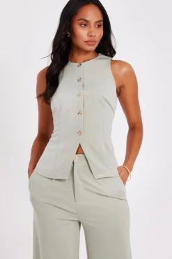 Quiz Button Front Waistcoat Sage