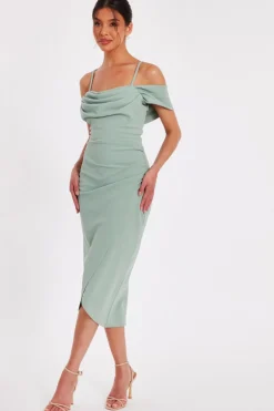 Quiz Cold Shoulder Midi Dress Sage Outlet