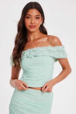 Quiz Floral Mesh Top Sage Clearance
