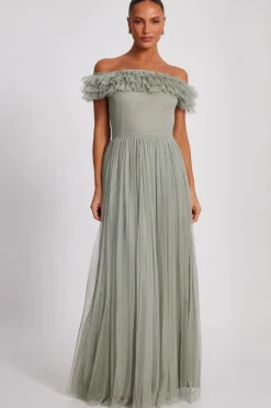 Quiz Sage Mesh Bardot Maxi Dress Discount