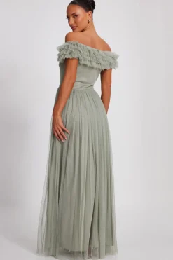 Quiz Sage Mesh Bardot Maxi Dress Discount