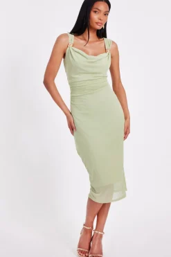 Quiz Mesh Buckle Detail Midi Dress Sage