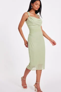 Quiz Mesh Buckle Detail Midi Dress Sage