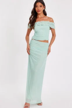Quiz Mesh Ruched Midaxi Skirt Sage Discount