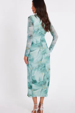 Quiz Sage Printed Diamante Midaxi Dress Clearance