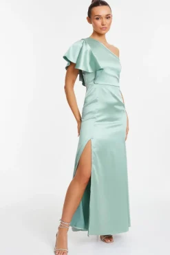 Quiz Satin One Shoulder Maxi Dress Sage Outlet