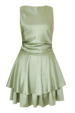 Quiz Satin Tiered Skater Dress Sage Hot