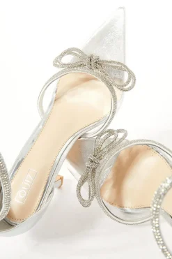 Quiz Silver Clear Diamante Bow Court Heels Hot