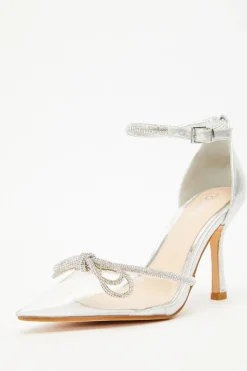 Quiz Silver Clear Diamante Bow Court Heels Hot