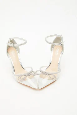 Quiz Silver Clear Diamante Bow Court Heels Hot