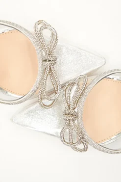 Quiz Silver Clear Diamante Bow Court Heels Hot