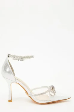 Quiz Silver Clear Diamante Bow Court Heels Hot
