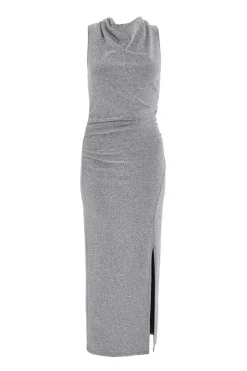 Quiz Silver Cowl Neck Ruched Midi Dress Clearance