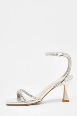 Quiz Diamante Asymmetric Heeled Sandals Silver Clearance