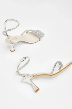 Quiz Diamante Asymmetric Heeled Sandals Silver Clearance