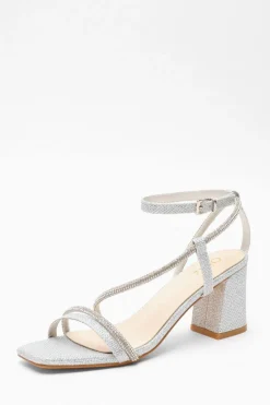 Quiz Diamante Block Heeled Sandals Silver Clearance
