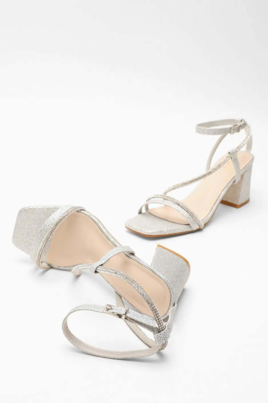 Quiz Diamante Block Heeled Sandals Silver Clearance