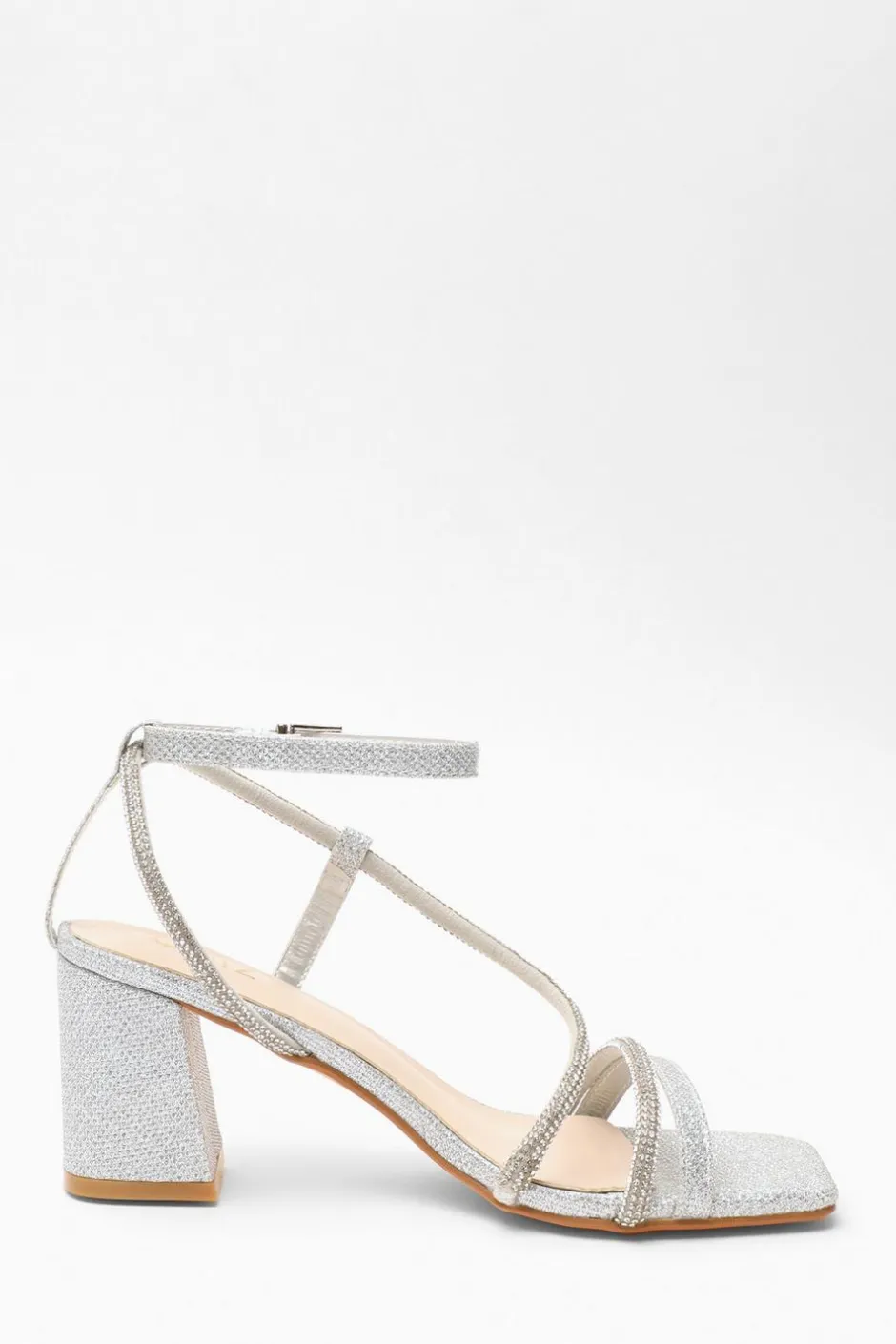 Quiz Diamante Block Heeled Sandals Silver Clearance