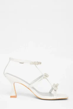 Quiz Diamante Bow Heels Silver New
