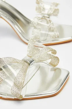 Quiz Diamante Bow Heels Silver New
