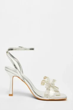 Quiz Diamante Bow Heels Silver New