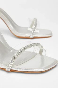 Quiz Diamante Clear Block Heels Silver Online