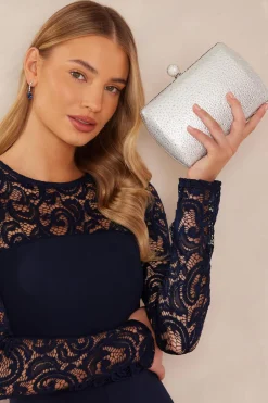 Quiz Diamante Curve Box Bag Silver